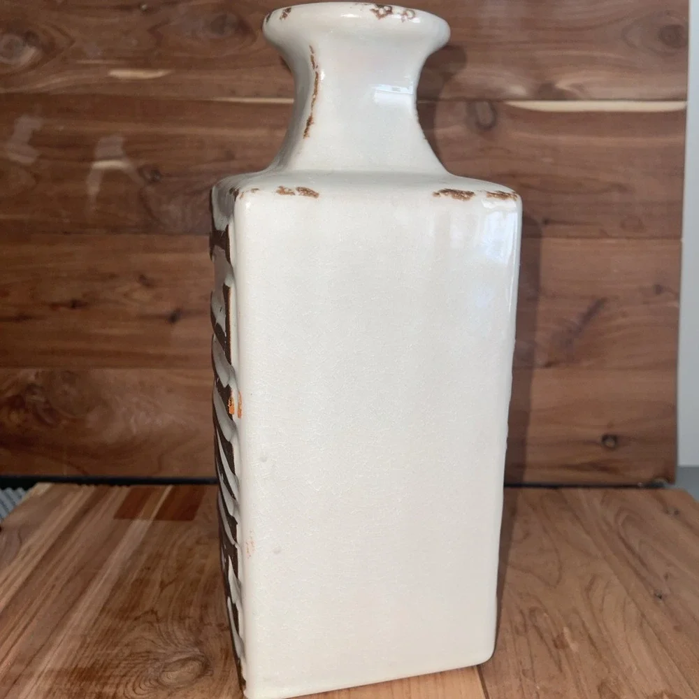 Hosley Pottery FAMILY Canister/Vase Off-White Glaze Brown Lettering Rustic Farm